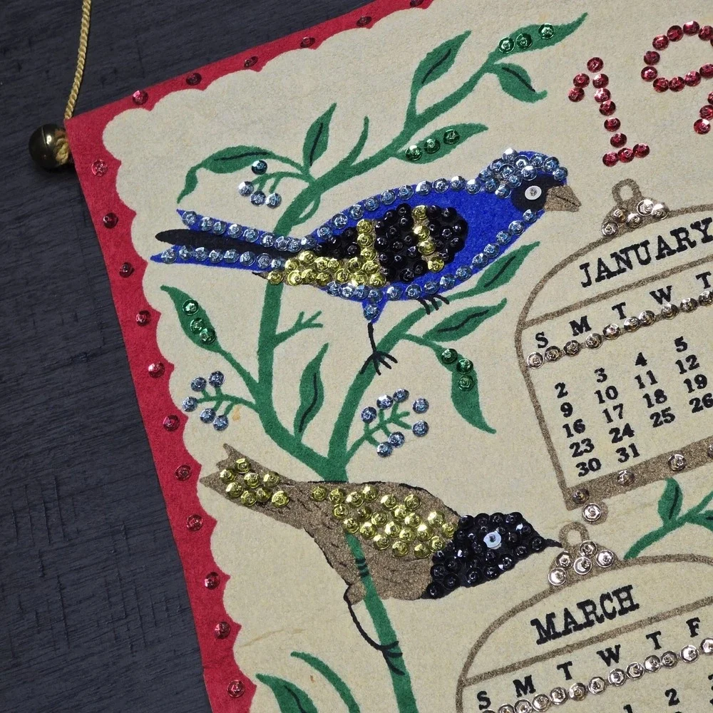 Vintage 1972 Felt Wall Calendar with Sequins, Bird Design